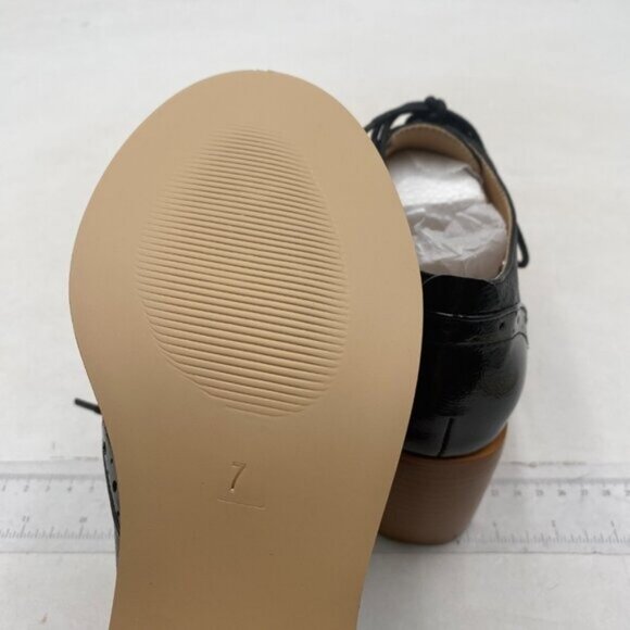 FOWT Women's Perforated Lace-Up Oxfords Almond Toe Mid Chunky Heel Black Shoes - Picture 6 of 8